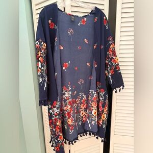 SHEIN Navy Floral Open Front Cardigan with Pom Trim